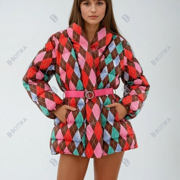 $451 RACHEL ANTONOFF argyle plaid belted puffer jacket S - Picture 10 of 11